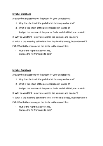 KS3 Poetry - Invictus by William Ernest Henley