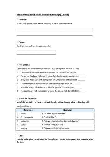 Homing by Liz Berry Worksheet
