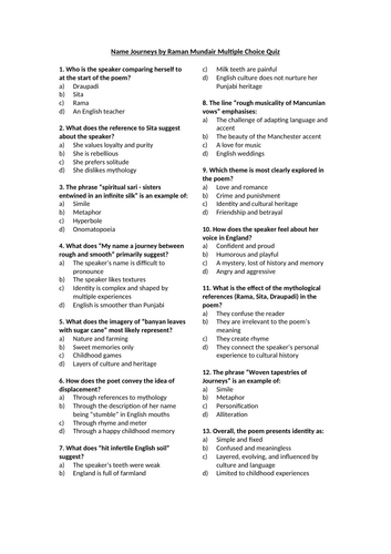 Name Journeys by Raman Mundair Multiple Choice Quiz