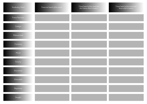 The Woman in Black Key Vocabulary Metacognition Grid
