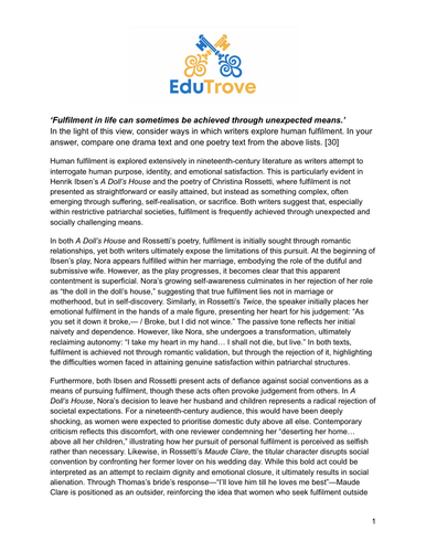 A/A* A Level Essay Full: A Doll’s House and Rossetti Poetry