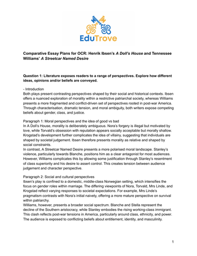 Four Comparative Essay Plans for OCR: A Doll’s House and A Streetcar Named Desire