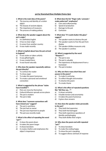 pot by Shamshad Khan Multiple Choice Quiz
