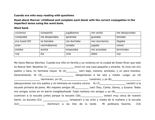 Cuando era niño easy reading with questions (Imperfect tense)