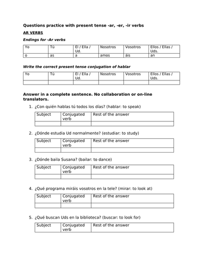 Questions practice: Present tense ar er ir verbs