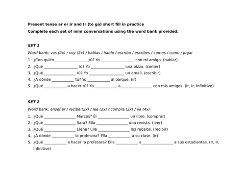 Present tense ar er ir and Ir (to go) short fill in practice