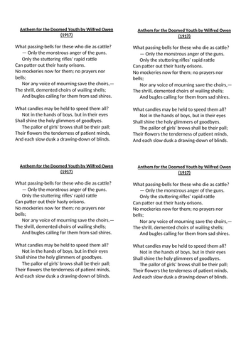 WW1 Poetry - Anthem for Doomed Youth by Wilfred Owen