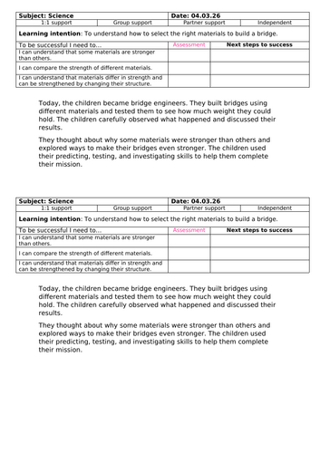 Year 2 Science - To understand how to select the right materials to build a bridge.