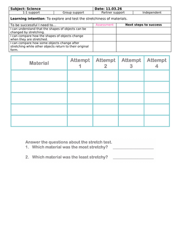 Year 2 Science - To explore and test the stretchiness of materials.