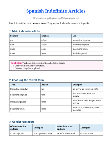 SPANISH INDEFINITE ARTICLE NOTES AND WORKSHEET