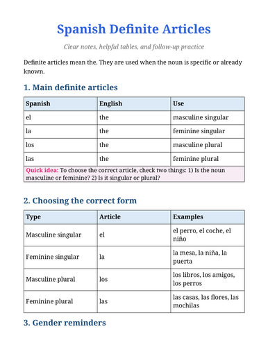 SPANISH  DEFINITE ARTICLES