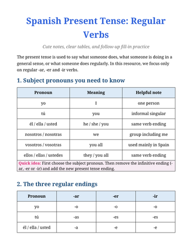 SPANISH PRESENT TENSE  NOTES AND EXERCISE