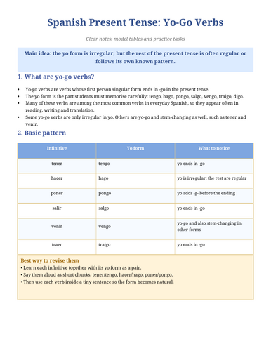 SPANSIH PRESENT YO GO VERBS NOTES AND WORKSHEET