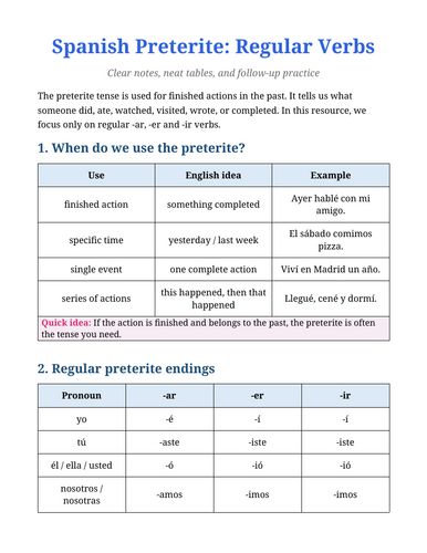 REGULAR PRETERITE NOTES AND EXERCISES