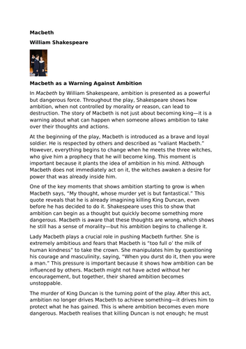 Macbeth – William Shakespeare – Macbeth as a Warning Against Ambition