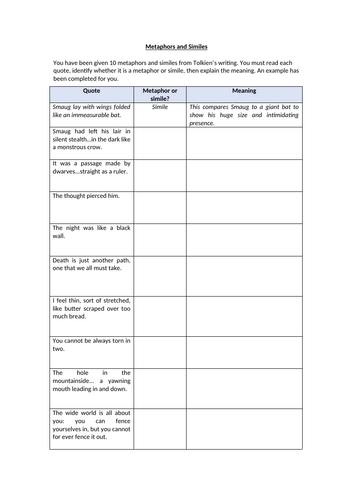 Metaphors and Similes Worksheet