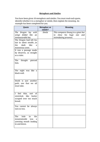 Metaphors and Similes Worksheet