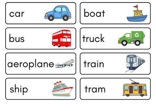 Transport Vocabulary Cards EYFS - Word Cards for Writing, Speaking & Continuous Provision