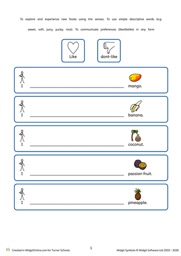 Sentence Writing Worksheet – “I like…” Exotic Fruits (Widgit Symbols)