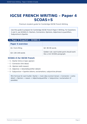 CAMBRIDGE FRENCH  IGCSE PP4 WRITING GUIDE