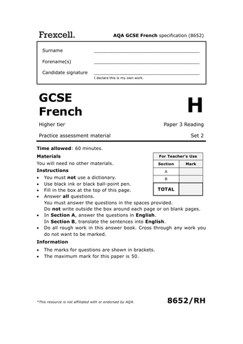 AQA GCSE French (2026) – Higher Reading Practice Paper (Set 2)