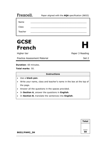 AQA GCSE French (2026) – Higher Reading Practice Paper (Set 2)
