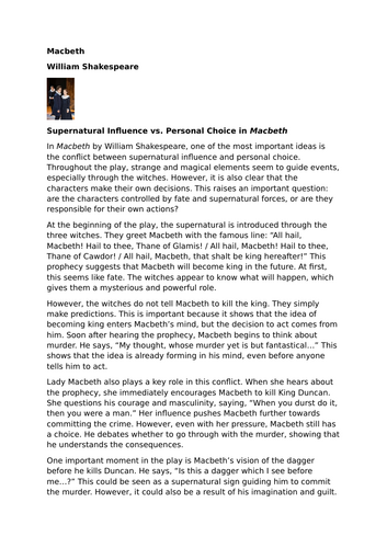 Macbeth – William Shakespeare – Supernatural Influence vs. Personal Choice