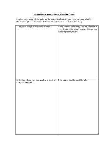 Understanding Metaphors and Similes Worksheet