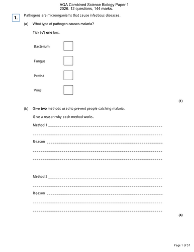 Paper 1 - AQA Combined Science - Biology HT (Combined) 144 marks - Prediction 2026