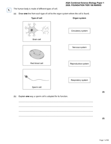 Paper 1 - GCSE Biology (Combined) FT - PREDICTION FOR 2026
