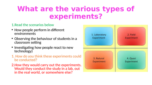What are the types of experiments? Psychology - Research Methods (A01, A02 AND A03)