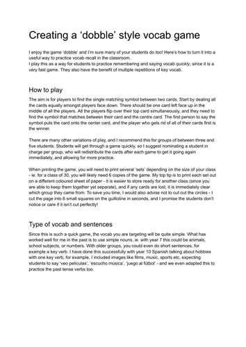 MFL quick vocab game - 'dobble' style