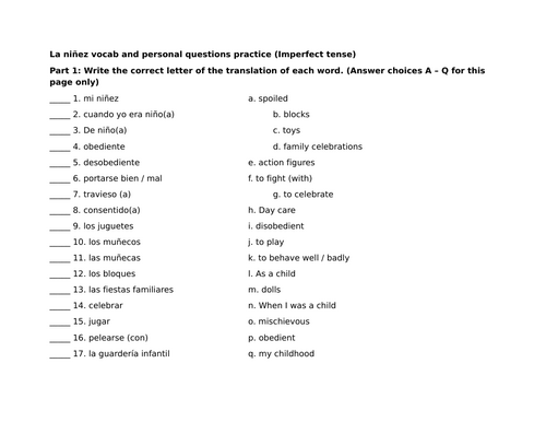 La niñez vocab and personal questions practice (Imperfect tense)