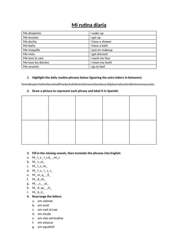 Mi rutina diaria - KS3 worksheet