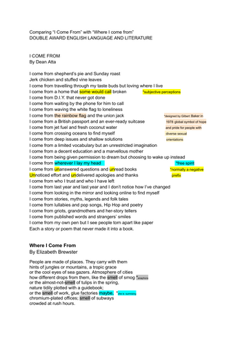 DOUBLE AWARD ENGLISH: Comparing "I Come From " with "Where I Come From"