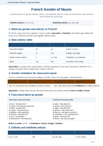 FRENCH GENDER OF NOUNS NOTES NAD EXERCSES