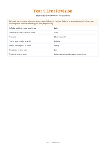 YEAR 5 FRENCH LENT REVISION
