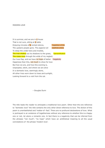 "Modern Love"  DOUBLE AWARD ENGLISH LANGUAGE AND LITERATURE poetry analysis