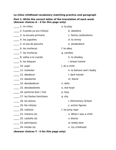 La niñez childhood vocabulary matching practice and paragraph