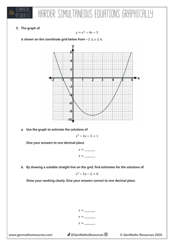 Harder Quadratic Simultaneous Equations Graphically - IGCSE Higher Worksheet