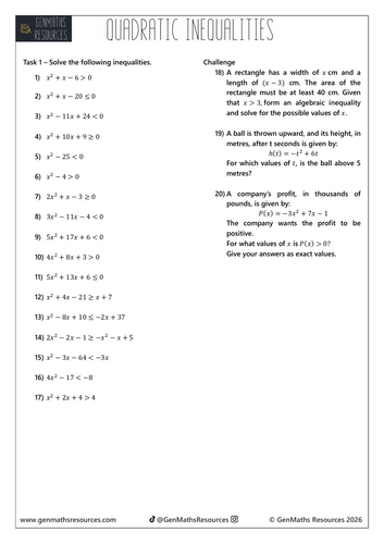 Quadratic Inequalities - GCSE Maths Higher Worksheet