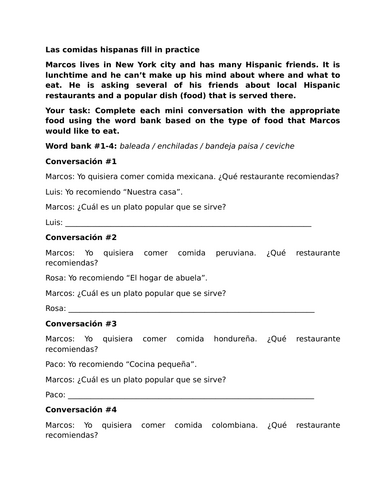 Las comidas hispanas fill in practice