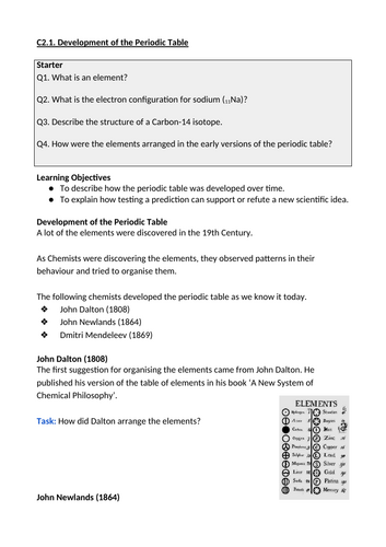 C2. Periodic Table Lessons (AQA GCSE)