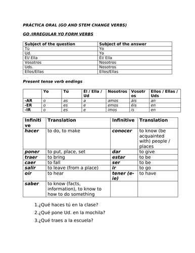 Spanish -Go and stem change verbs oral practice