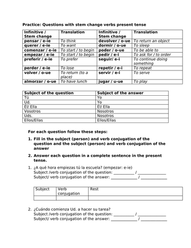 Stem change verbs questions practice present tense