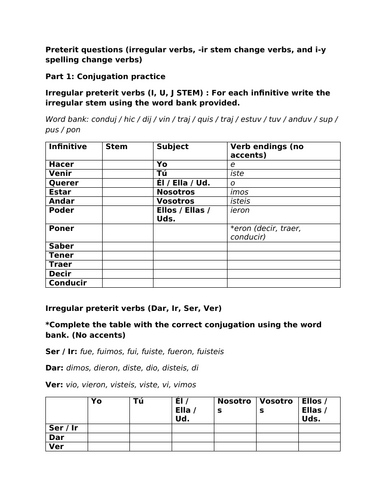 Preterit questions: Irregular, Stem change and I-Y spelling change verbs