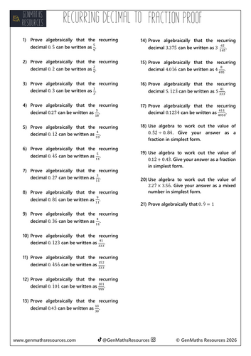 Recurring Decimal to Fraction Proof - Maths GCSE Higher Worksheet