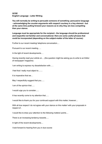GCSE ENGLISH LANGUAGE: example sentences for fomral letter writing