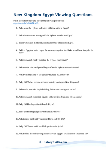 New Kingdom Egypt Video Viewing Worksheet