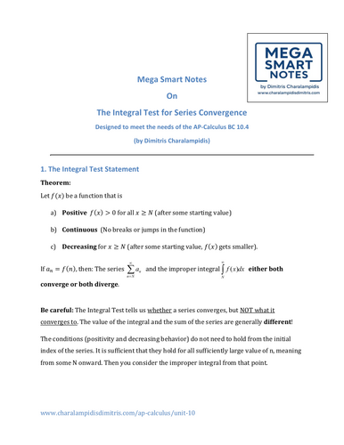 Integral Test for Convergence – Mega Smart Notes (AP Calculus BC Unit 10.4)